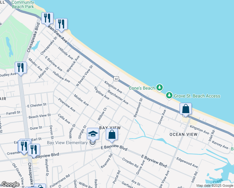 map of restaurants, bars, coffee shops, grocery stores, and more near 1428 Baychester Avenue in Norfolk