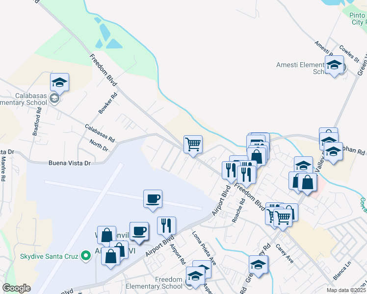 map of restaurants, bars, coffee shops, grocery stores, and more near 2168 Freedom Boulevard in Watsonville