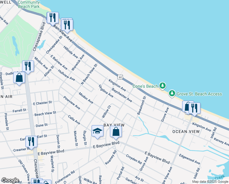 map of restaurants, bars, coffee shops, grocery stores, and more near 1409 Baychester Avenue in Norfolk