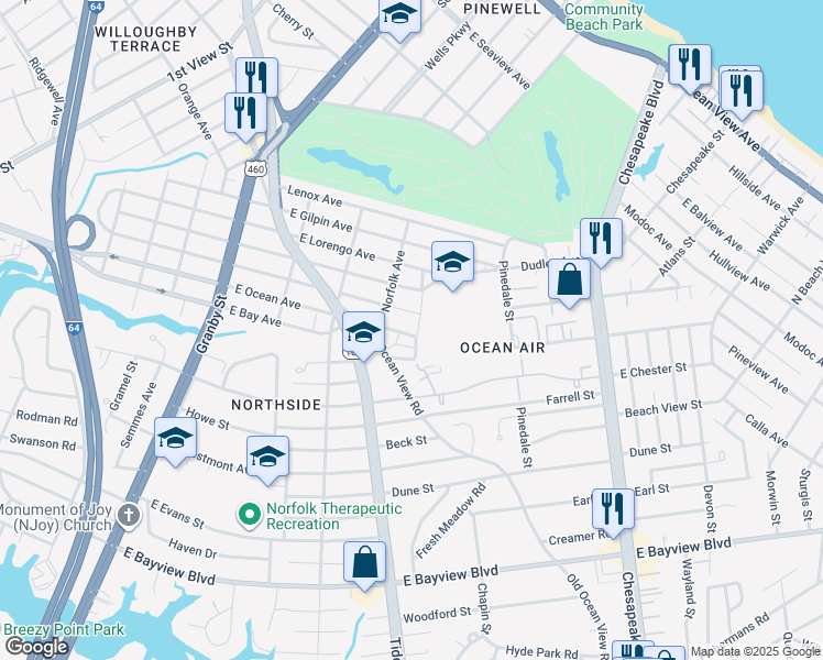 map of restaurants, bars, coffee shops, grocery stores, and more near 424 Kenilworth Road in Norfolk