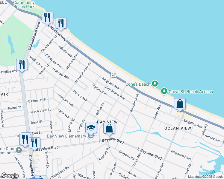 map of restaurants, bars, coffee shops, grocery stores, and more near 1420 Baychester Avenue in Norfolk