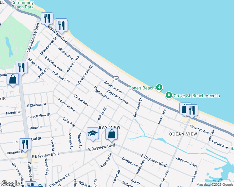 map of restaurants, bars, coffee shops, grocery stores, and more near 1417 Baychester Avenue in Norfolk