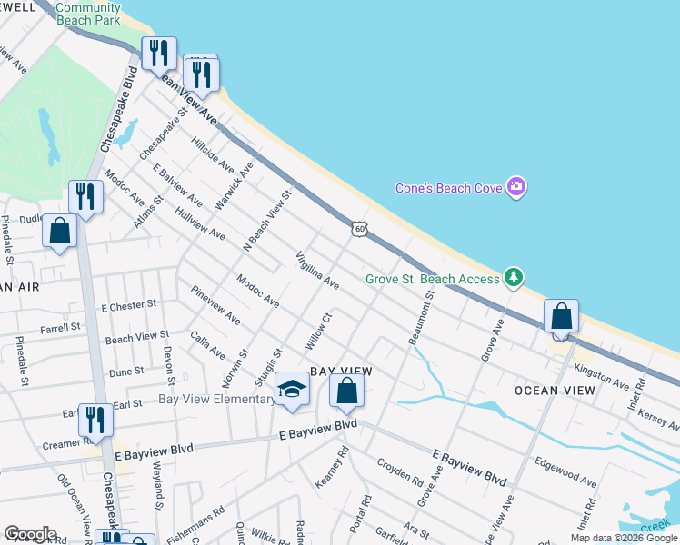 map of restaurants, bars, coffee shops, grocery stores, and more near 1417 Baychester Avenue in Norfolk
