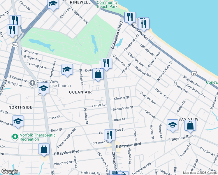 map of restaurants, bars, coffee shops, grocery stores, and more near 8932 Chesapeake Boulevard in Norfolk