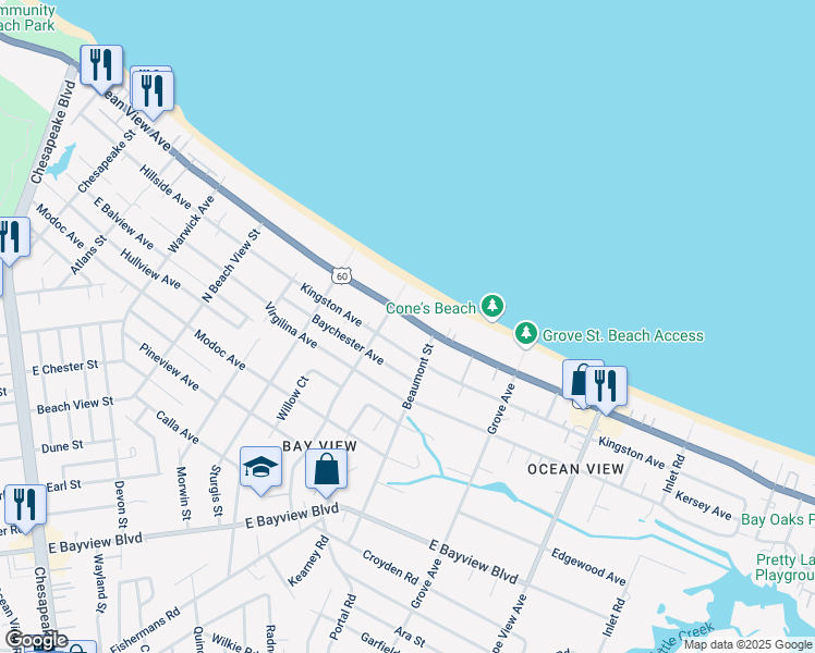 map of restaurants, bars, coffee shops, grocery stores, and more near 1521 East Ocean View Avenue in Norfolk