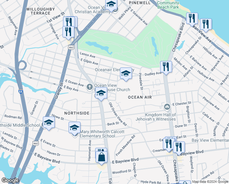 map of restaurants, bars, coffee shops, grocery stores, and more near 424 East Ocean Avenue in Norfolk