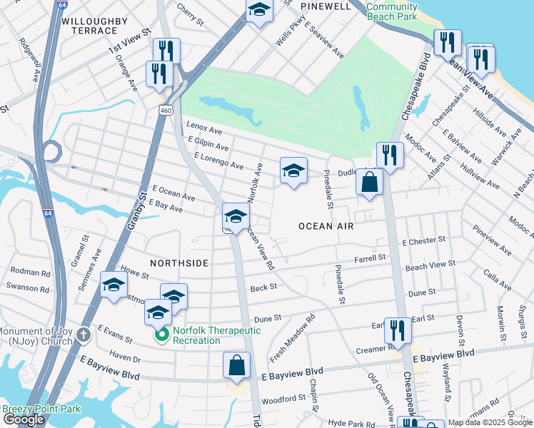 map of restaurants, bars, coffee shops, grocery stores, and more near 424 Kenilworth Road in Norfolk
