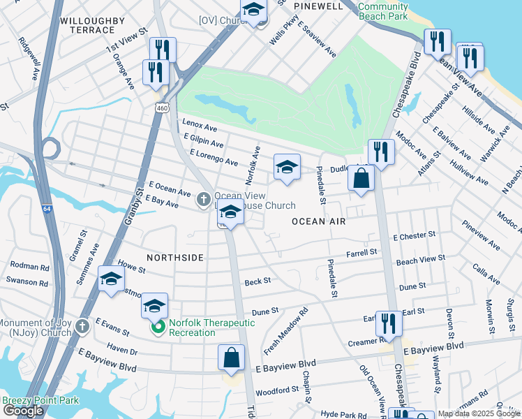 map of restaurants, bars, coffee shops, grocery stores, and more near 424 East Ocean Avenue in Norfolk