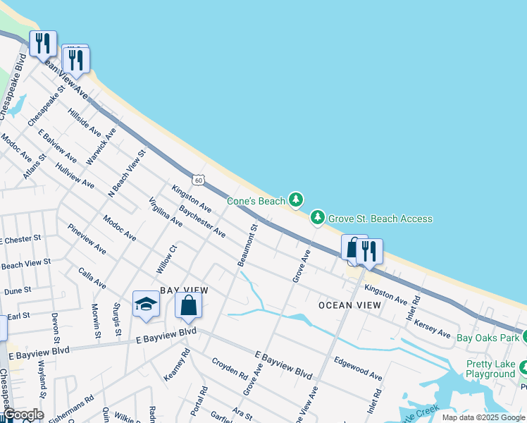 map of restaurants, bars, coffee shops, grocery stores, and more near 1614 U.S. 60 in Norfolk