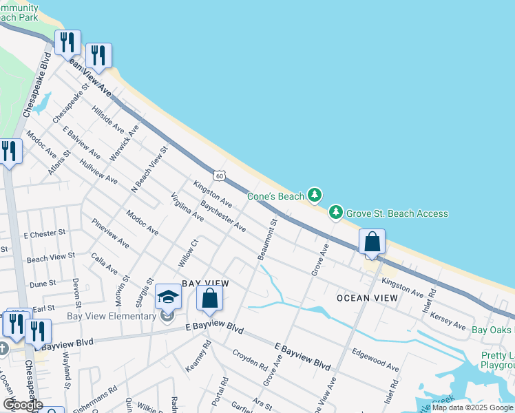 map of restaurants, bars, coffee shops, grocery stores, and more near 1527 East Ocean View Avenue in Norfolk