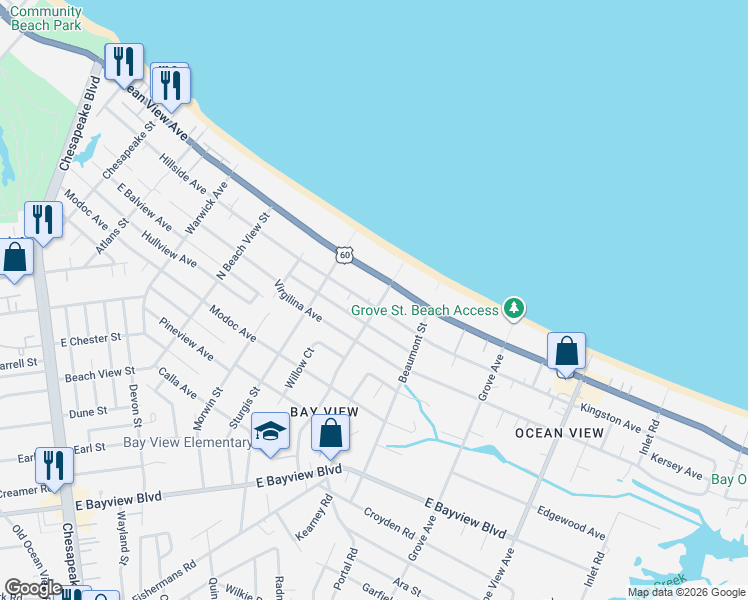 map of restaurants, bars, coffee shops, grocery stores, and more near 1445 Kingston Avenue in Norfolk