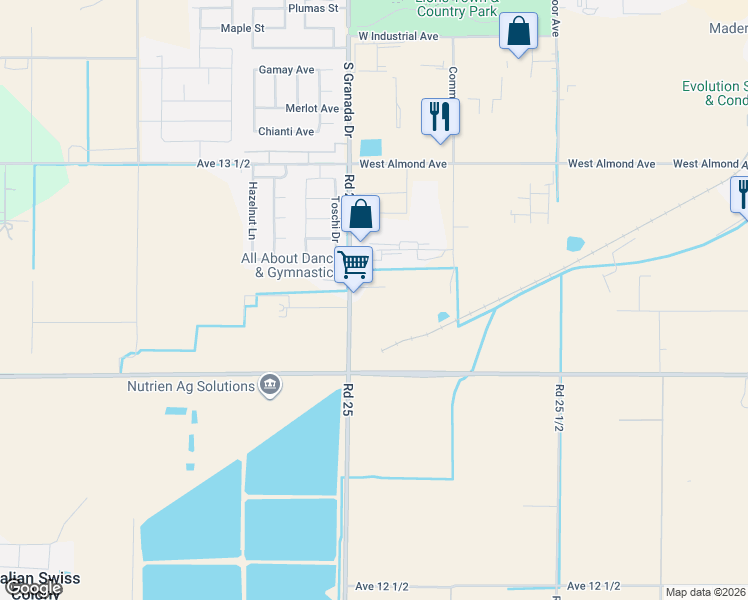 map of restaurants, bars, coffee shops, grocery stores, and more near 2572 Mitchell Court in Madera