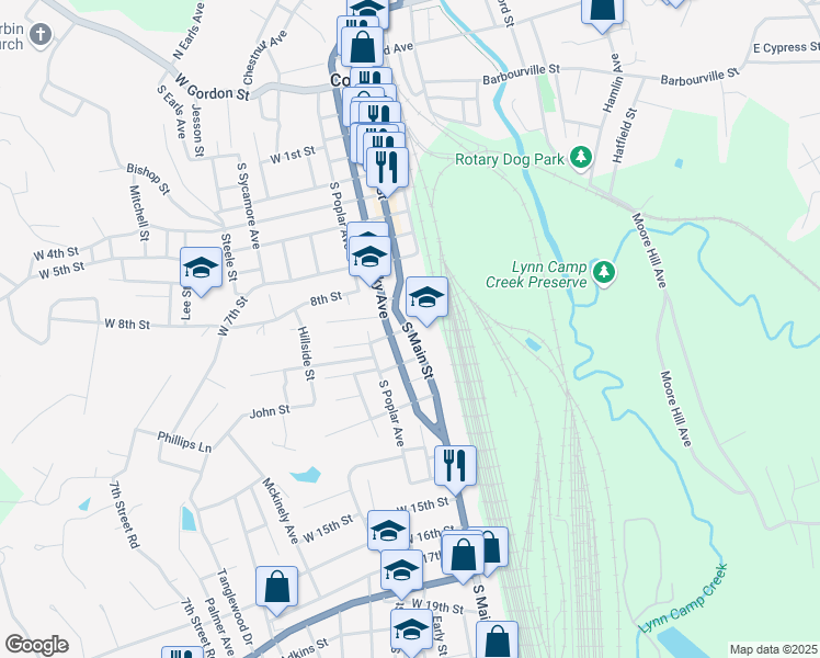 map of restaurants, bars, coffee shops, grocery stores, and more near 901 South Main Street in Corbin