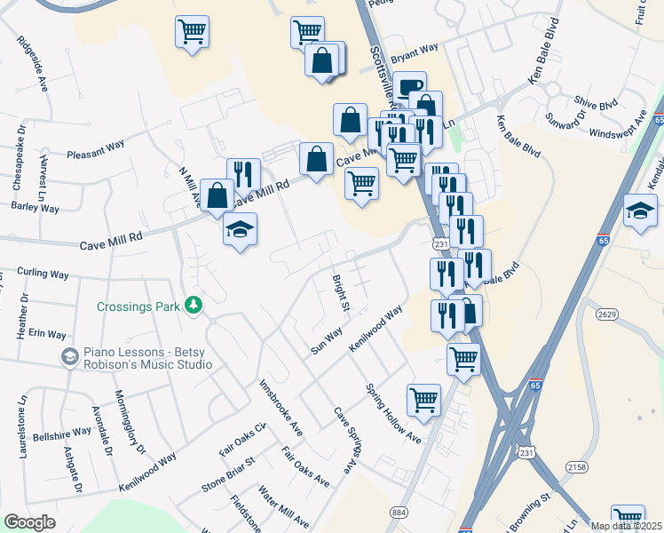 map of restaurants, bars, coffee shops, grocery stores, and more near Pascoe Boulevard in Bowling Green