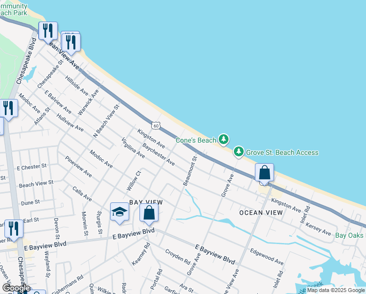 map of restaurants, bars, coffee shops, grocery stores, and more near 1516 Kingston Avenue in Norfolk