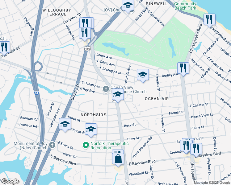 map of restaurants, bars, coffee shops, grocery stores, and more near 8968 Tidewater Drive in Norfolk