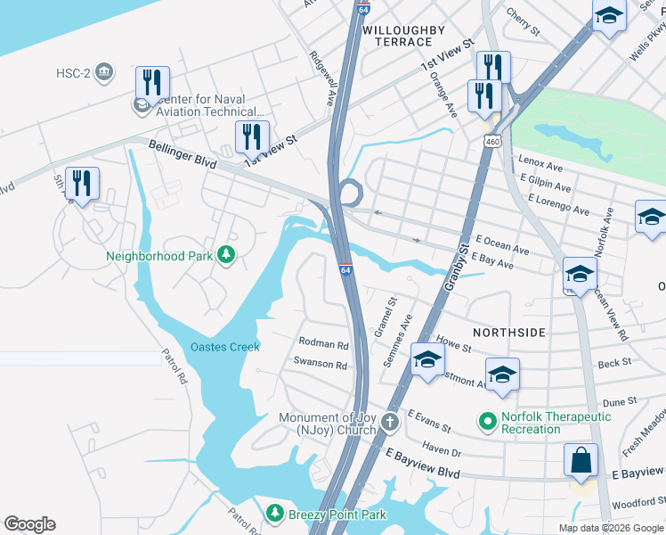 map of restaurants, bars, coffee shops, grocery stores, and more near 158 West Chester Street in Norfolk