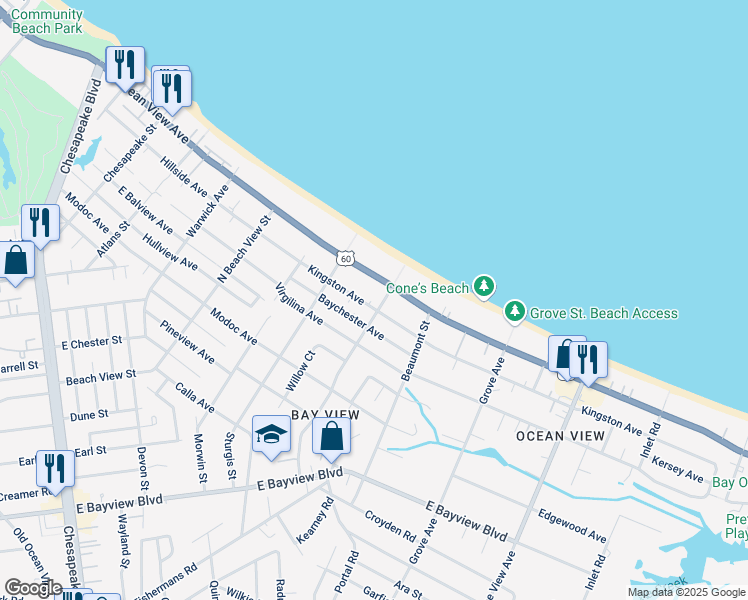 map of restaurants, bars, coffee shops, grocery stores, and more near 1444 Kingston Avenue in Norfolk