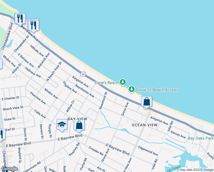 map of restaurants, bars, coffee shops, grocery stores, and more near 1614 U.S. 60 in Norfolk