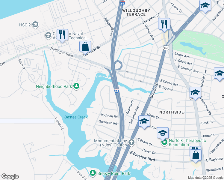 map of restaurants, bars, coffee shops, grocery stores, and more near 158 West Chester Street in Norfolk