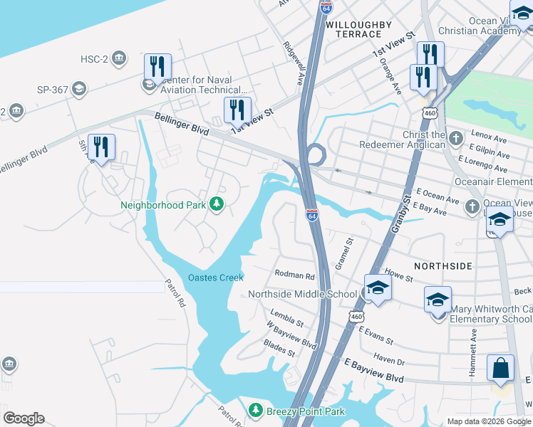 map of restaurants, bars, coffee shops, grocery stores, and more near 8817 Commodore Drive in Norfolk