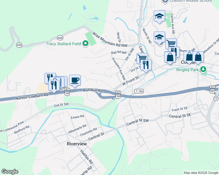 map of restaurants, bars, coffee shops, grocery stores, and more near 400-406 Norton-Coeburn Road in Coeburn
