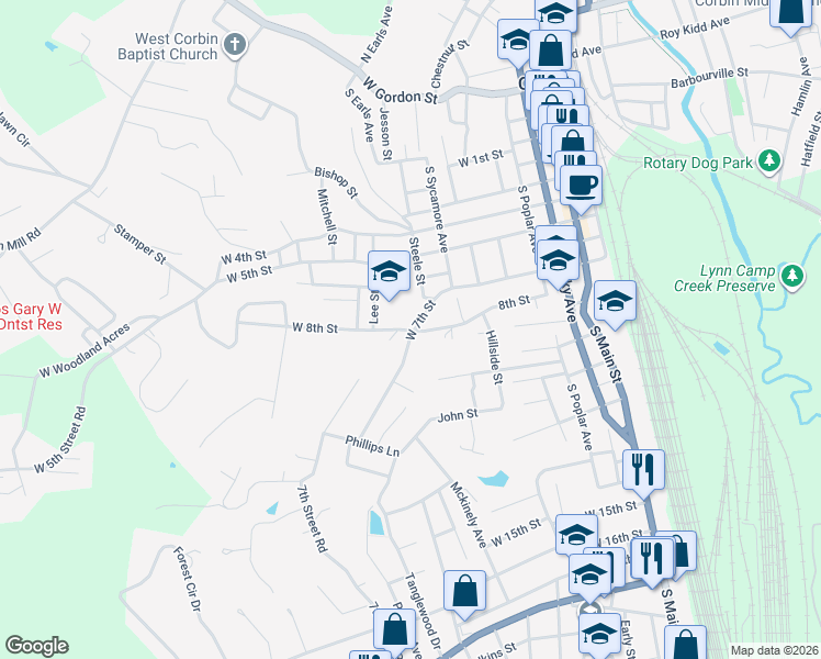 map of restaurants, bars, coffee shops, grocery stores, and more near 611 West 8th Street in Corbin