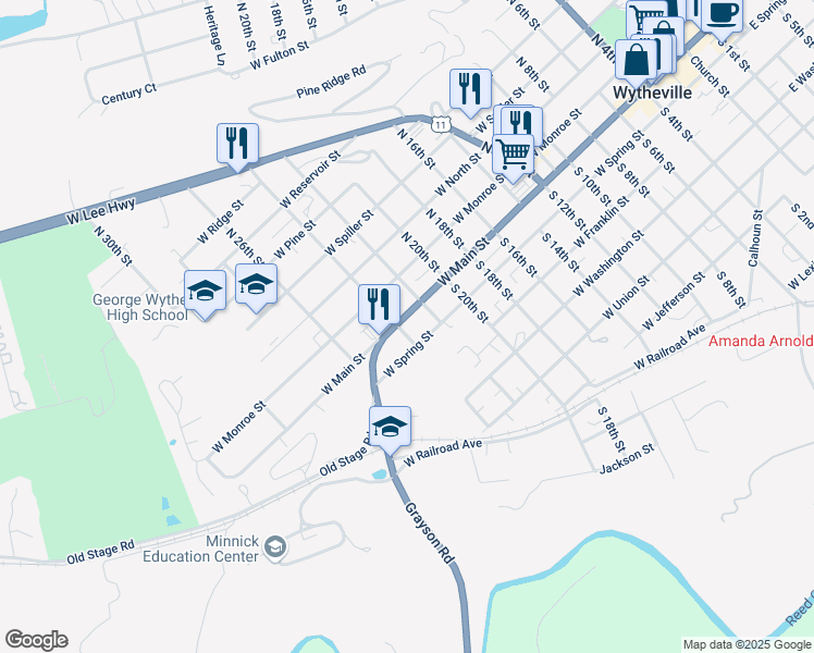 map of restaurants, bars, coffee shops, grocery stores, and more near 1275 West Main Street in Wytheville