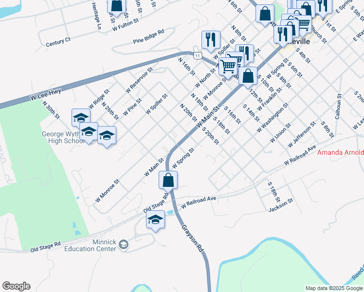 map of restaurants, bars, coffee shops, grocery stores, and more near 1275 West Main Street in Wytheville