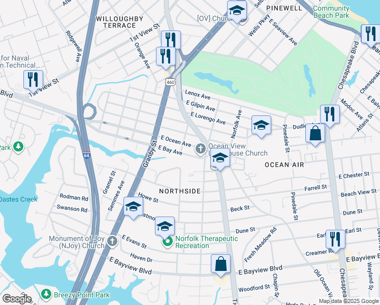 map of restaurants, bars, coffee shops, grocery stores, and more near 216 East Bay Avenue in Norfolk