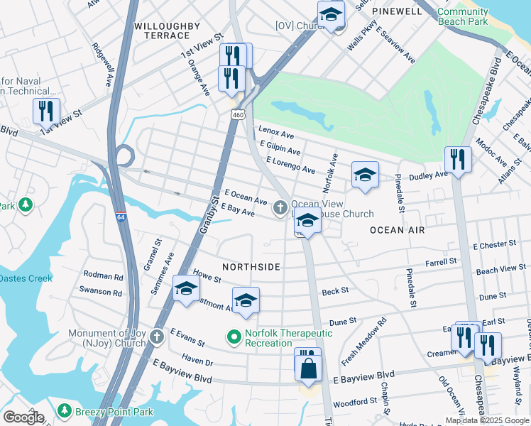 map of restaurants, bars, coffee shops, grocery stores, and more near 216 East Bay Avenue in Norfolk