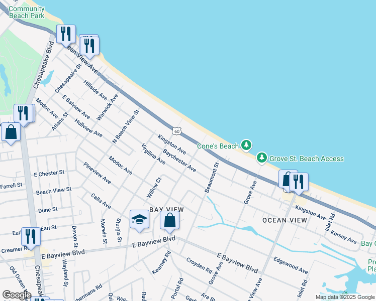 map of restaurants, bars, coffee shops, grocery stores, and more near 1445 Kingston Avenue in Norfolk