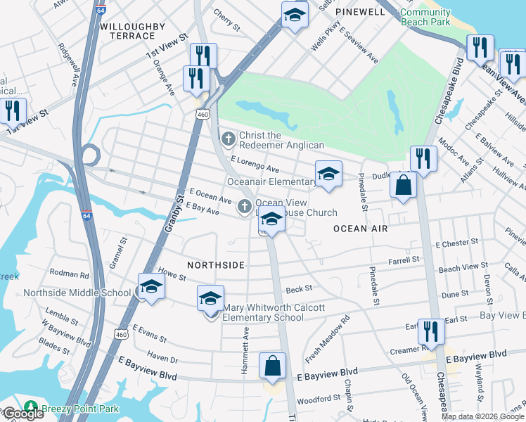 map of restaurants, bars, coffee shops, grocery stores, and more near 8961 Virginia 168 in Norfolk