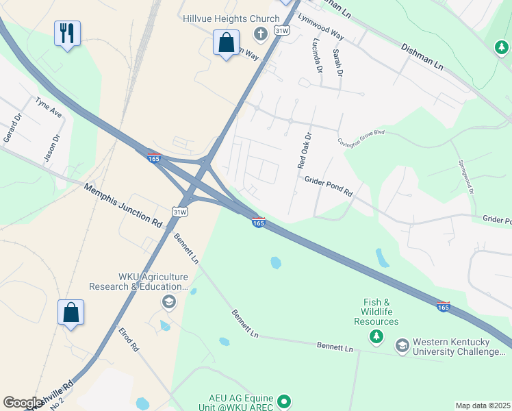 map of restaurants, bars, coffee shops, grocery stores, and more near 3950 Banyan Court in Bowling Green