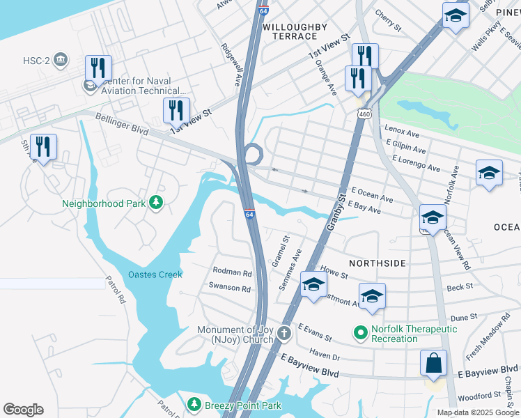 map of restaurants, bars, coffee shops, grocery stores, and more near 158 West Chester Street in Norfolk