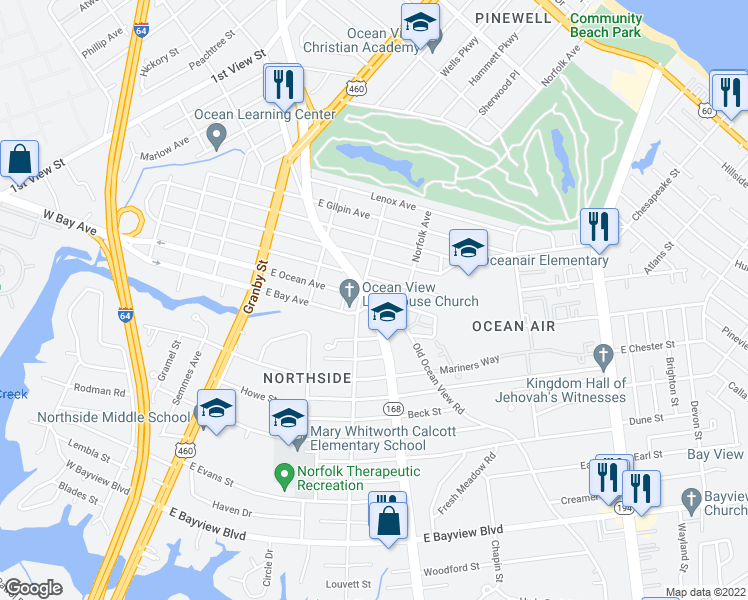 map of restaurants, bars, coffee shops, grocery stores, and more near 8972 Tidewater Drive in Norfolk