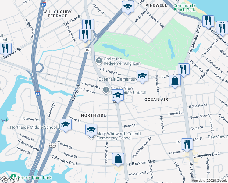 map of restaurants, bars, coffee shops, grocery stores, and more near 8961 Virginia 168 in Norfolk