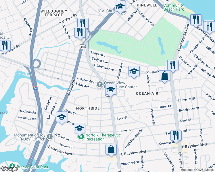 map of restaurants, bars, coffee shops, grocery stores, and more near 8972 Tidewater Drive in Norfolk