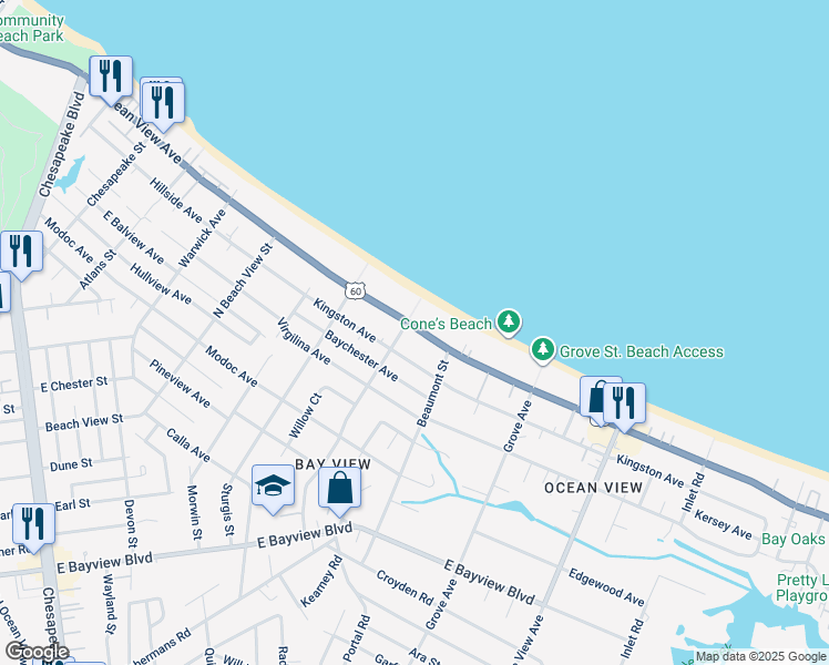 map of restaurants, bars, coffee shops, grocery stores, and more near 1521 East Ocean View Avenue in Norfolk
