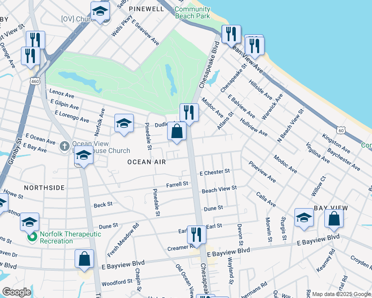 map of restaurants, bars, coffee shops, grocery stores, and more near 9019 Chesapeake Boulevard in Norfolk