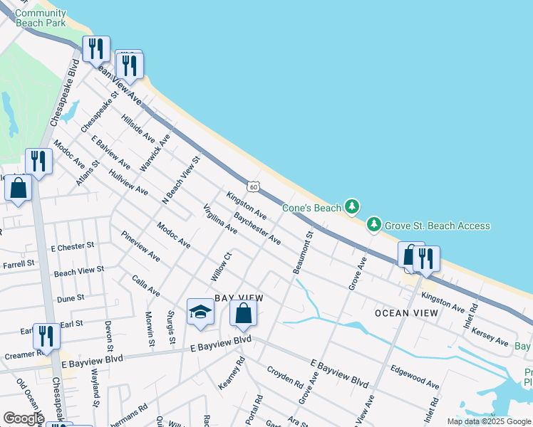 map of restaurants, bars, coffee shops, grocery stores, and more near 1445 Kingston Avenue in Norfolk