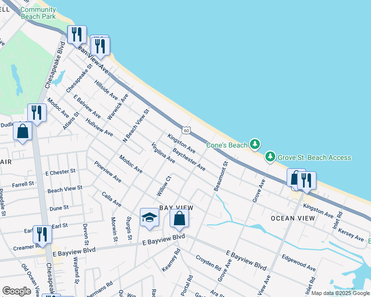 map of restaurants, bars, coffee shops, grocery stores, and more near 1421 Kingston Avenue in Norfolk