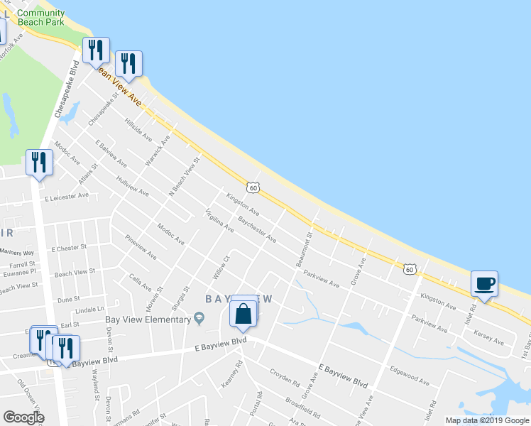 map of restaurants, bars, coffee shops, grocery stores, and more near 1445 Kingston Avenue in Norfolk