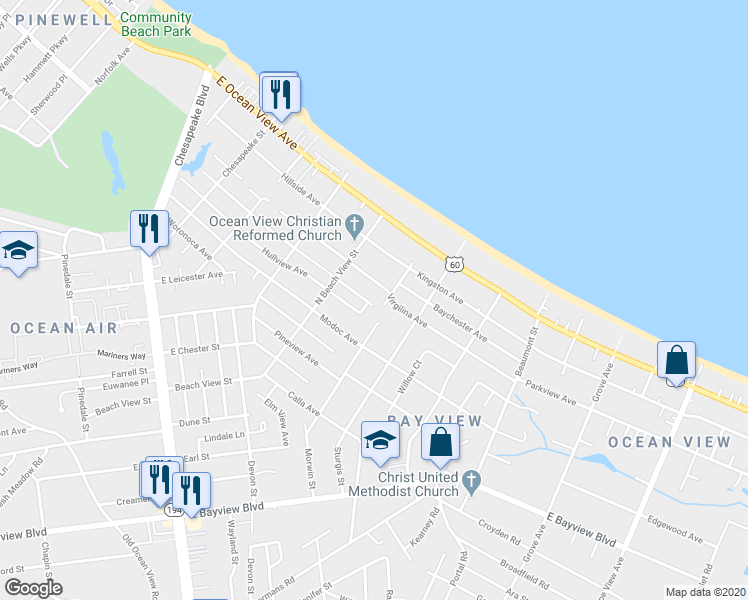 map of restaurants, bars, coffee shops, grocery stores, and more near 9509 Jenny Court in Norfolk