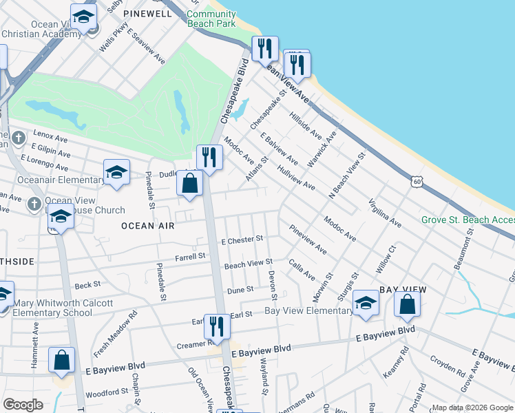 map of restaurants, bars, coffee shops, grocery stores, and more near 8922 Devon Street in Norfolk