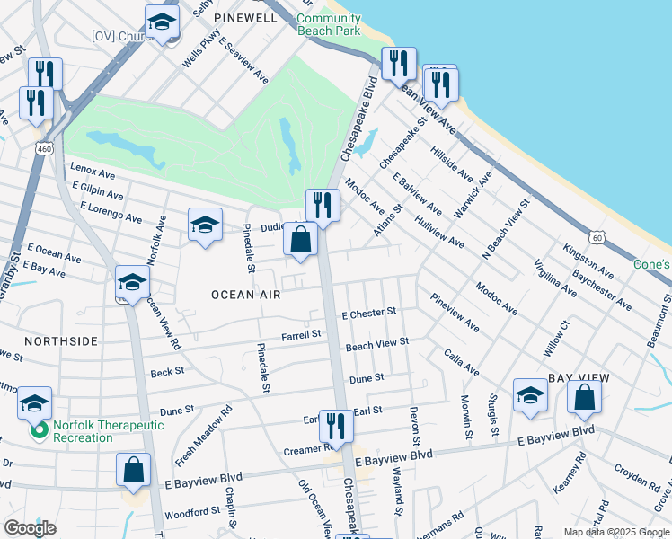 map of restaurants, bars, coffee shops, grocery stores, and more near 9014 Chesapeake Boulevard in Norfolk
