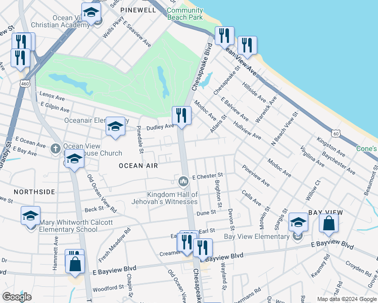 map of restaurants, bars, coffee shops, grocery stores, and more near 9014 Chesapeake Boulevard in Norfolk