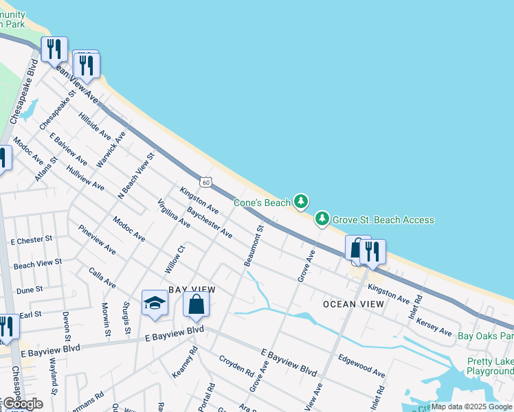 map of restaurants, bars, coffee shops, grocery stores, and more near 1524 East Ocean View Avenue in Norfolk