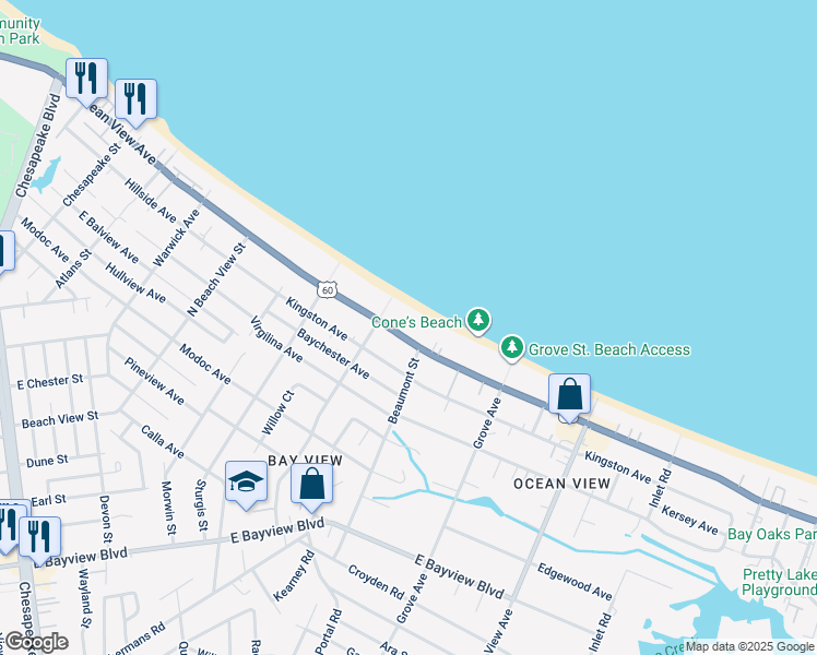 map of restaurants, bars, coffee shops, grocery stores, and more near 1524 East Ocean View Avenue in Norfolk