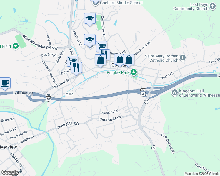 map of restaurants, bars, coffee shops, grocery stores, and more near 402 Front Street East in Coeburn